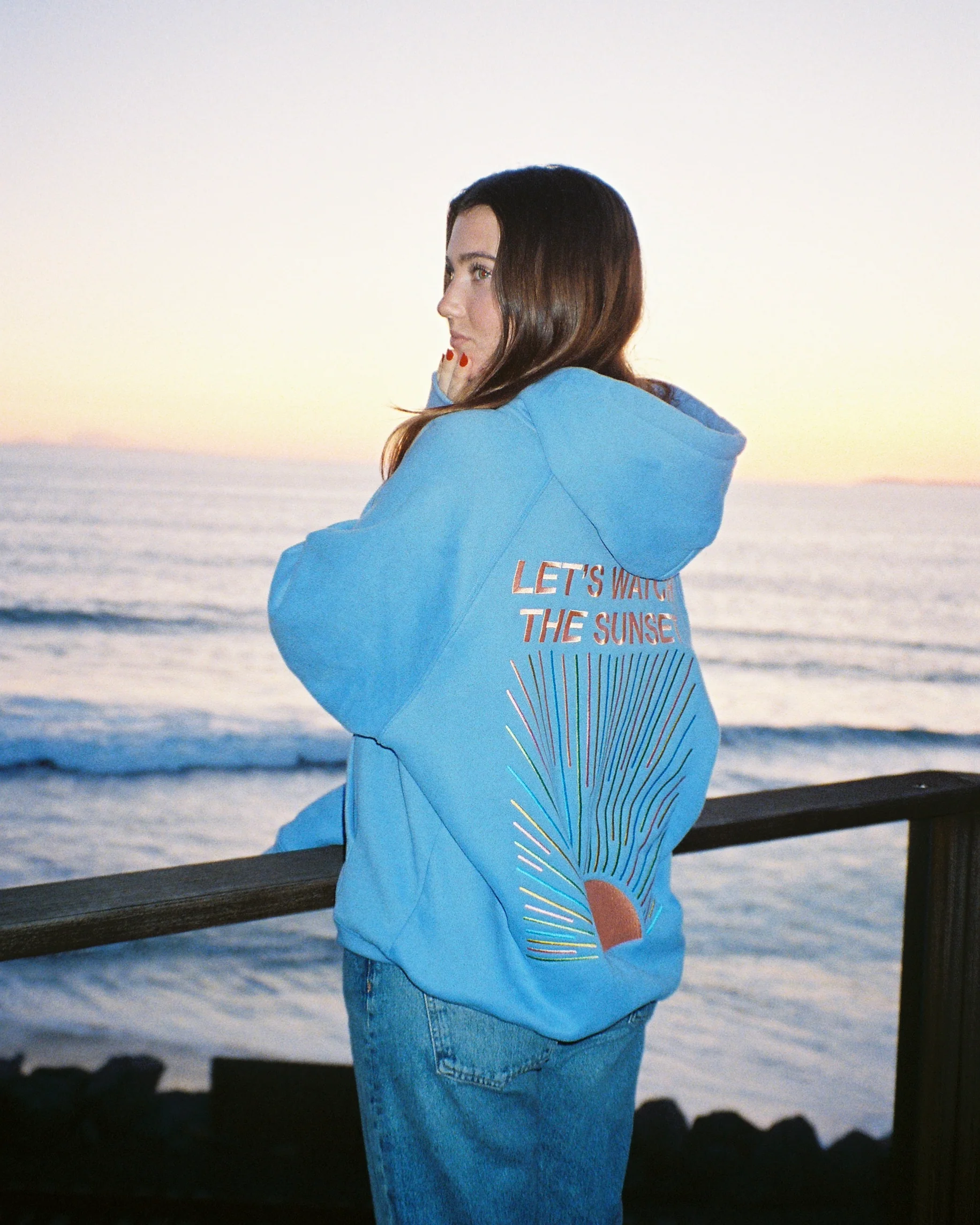 "Let's Watch the Sunset" Oversized Lux Hoodie in Blue - Image 4
