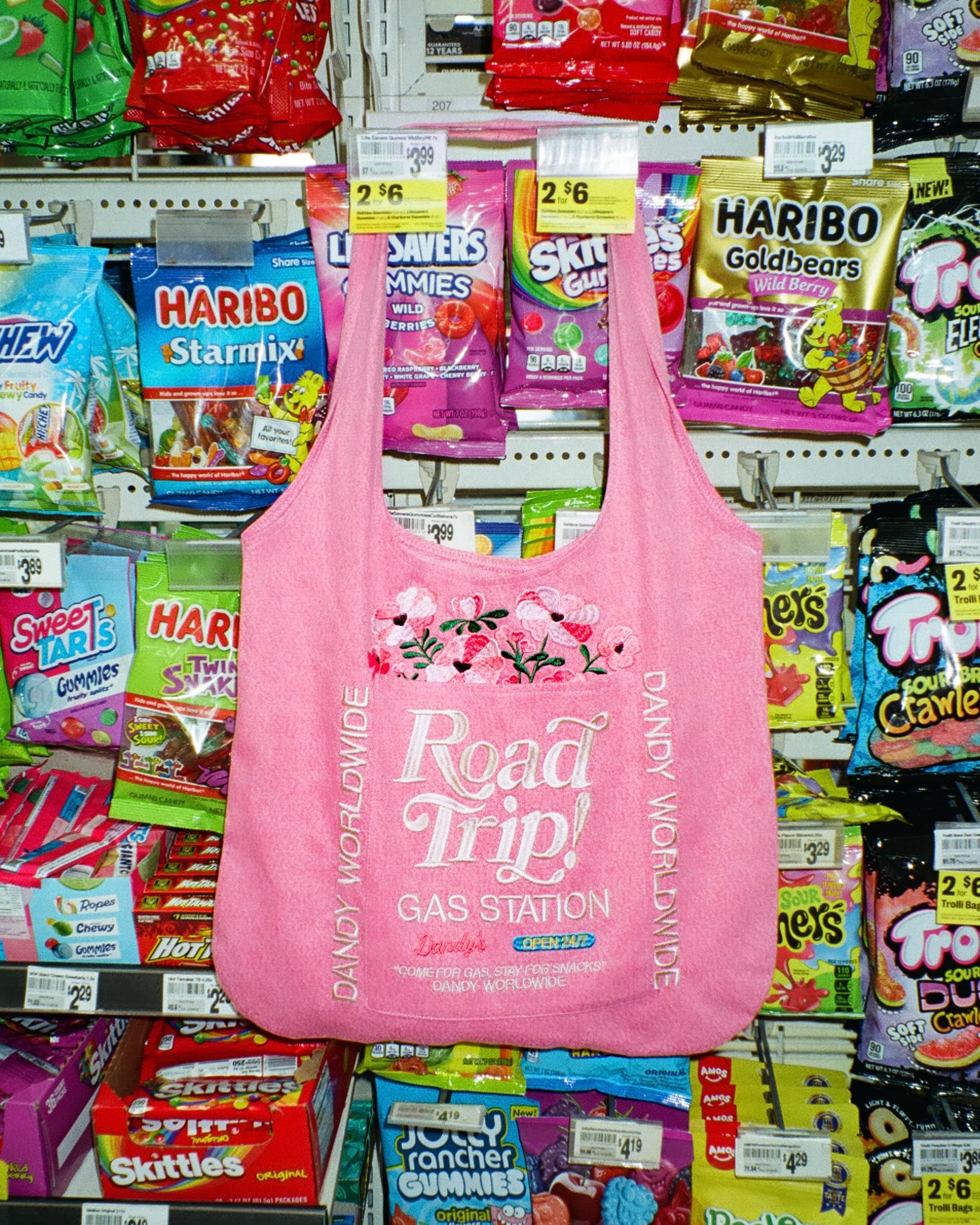 "Road Trip!" Double-Sided Tote Bag in Denim Pink - Image 2